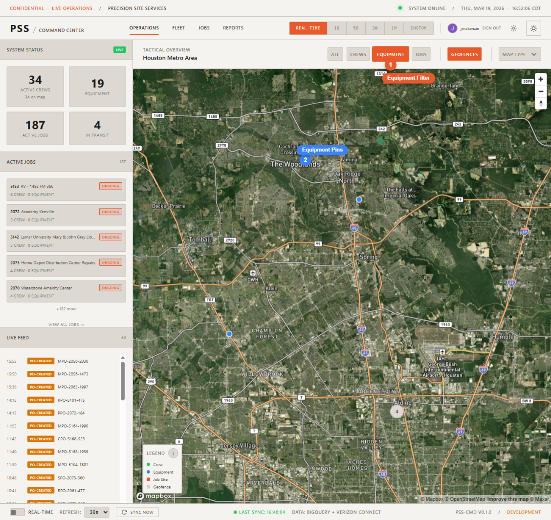 Operations map with Equipment filter active, showing only equipment pins at their last reported GPS positions across the Houston metro area