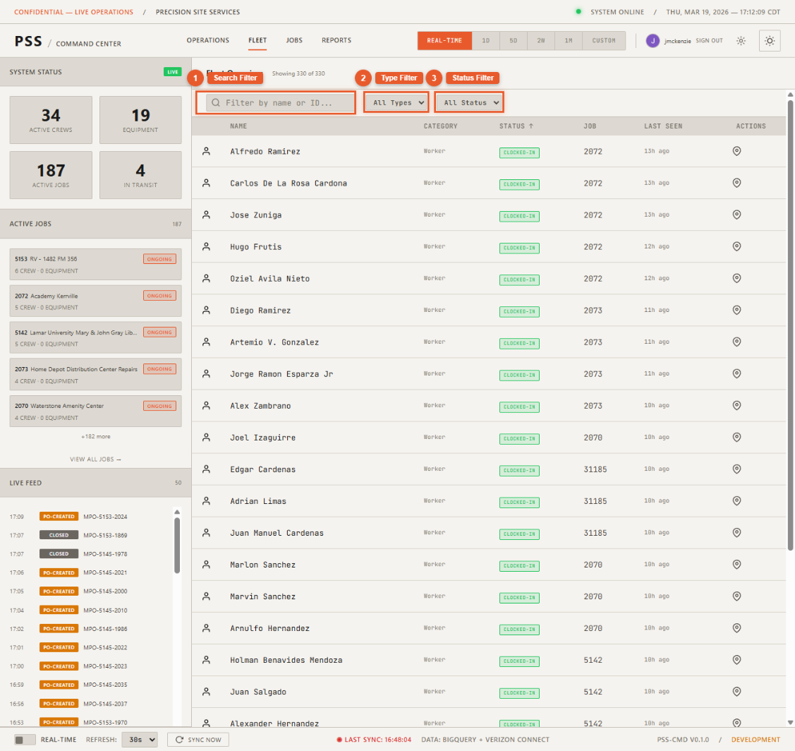 Fleet page search bar above the table with a partial equipment name typed in, showing filtered results in the table below that match the query