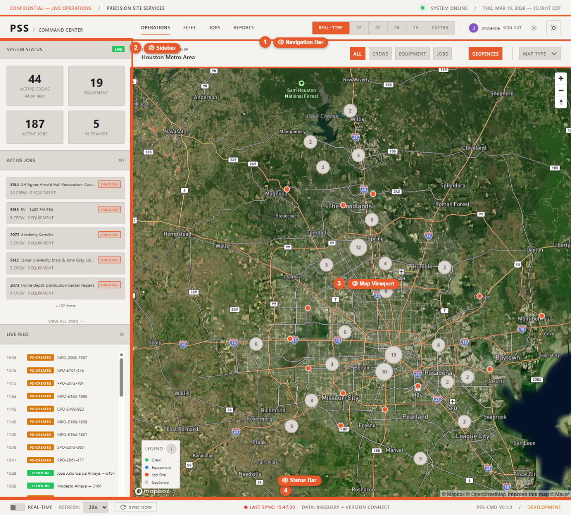 Full Command Center dashboard showing all four main areas: navbar at the top, Operations map in the center, a detail panel open on the right side, and the status bar at the bottom