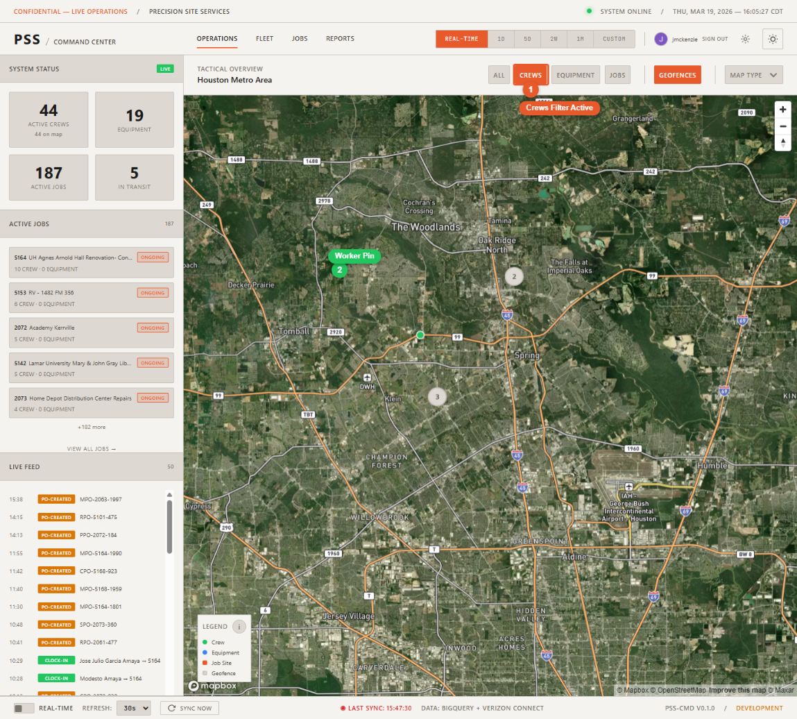 Operations map with the Crews filter active, showing only worker pins and hiding all equipment and job site markers