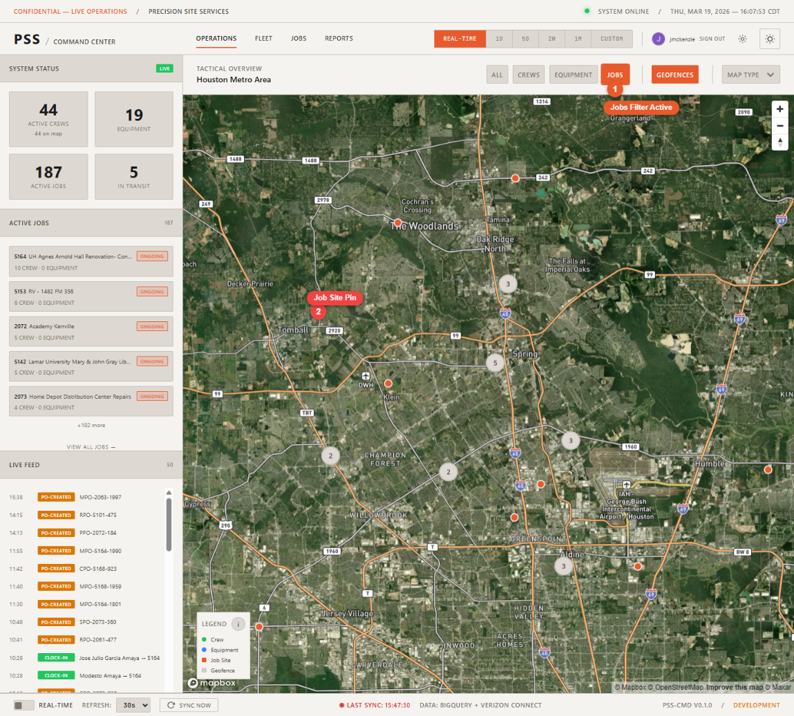 Operations map with the Jobs filter active, showing only job site pins and hiding all worker and equipment markers