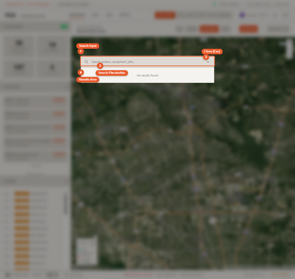 Global search modal open after pressing Cmd+K or Ctrl+K, showing the search input field with the cursor active and the three result category sections (Workers, Equipment, Jobs) below it
