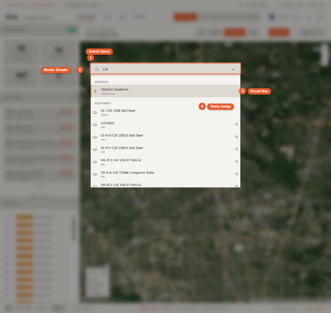 Global search modal showing live results after the user has typed a partial query, with matched Workers, Equipment, and Jobs items listed in their respective grouped sections