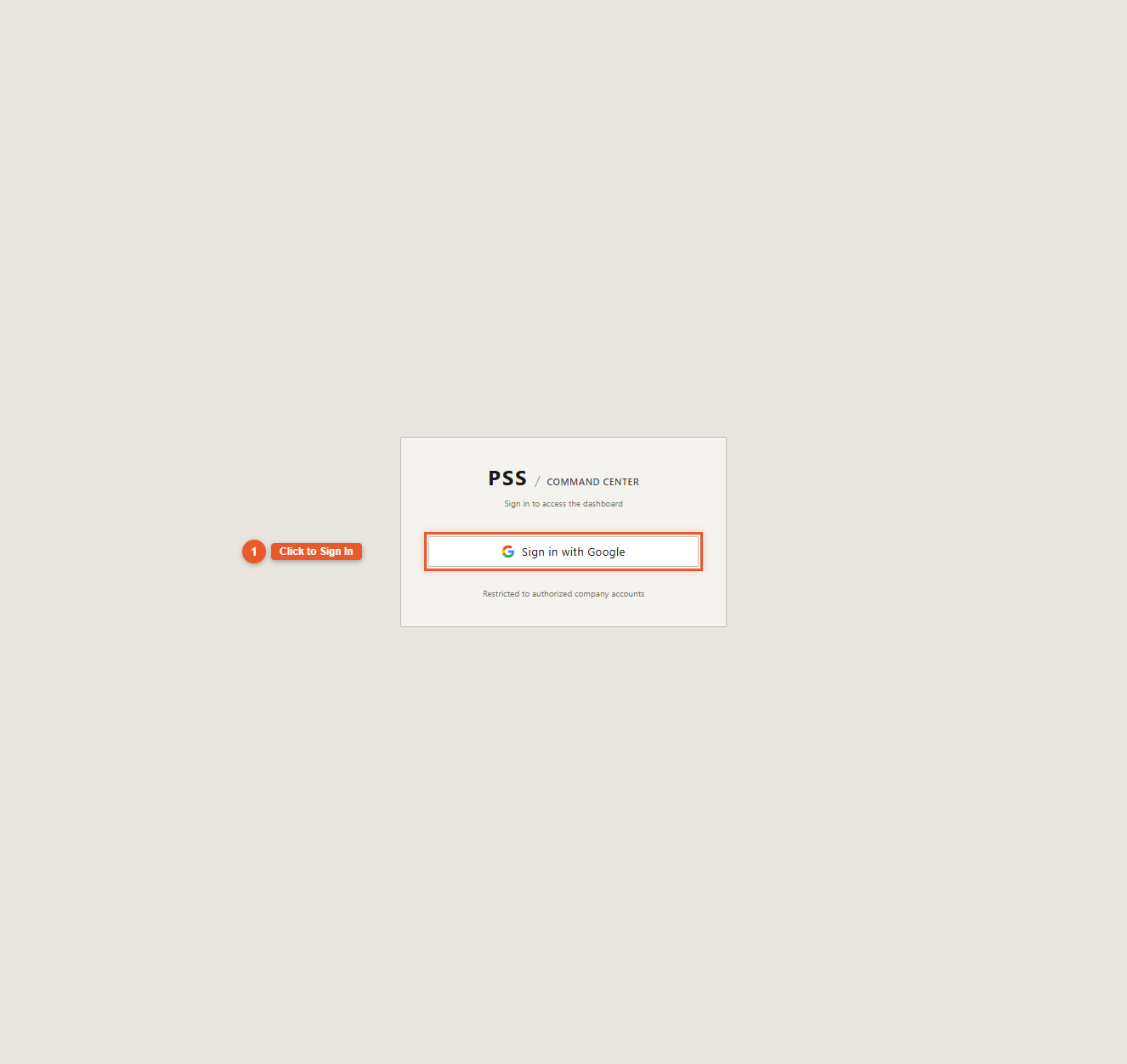 Sign-in page showing the centered PSS logo, welcome text, and the "Sign in with Google" button