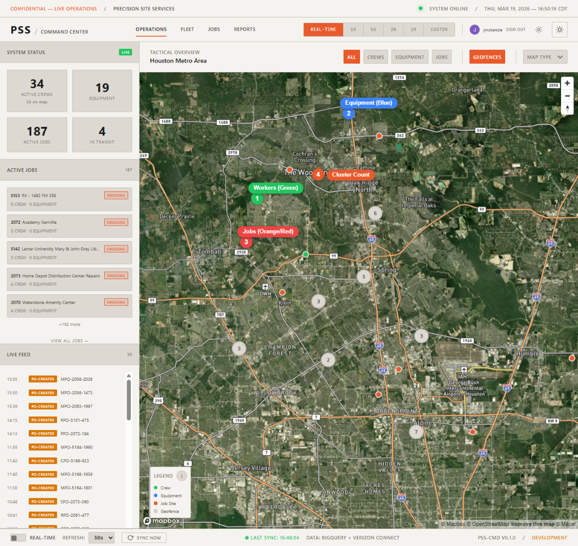 Operations map showing multiple marker pins with color-coded borders: green for active/online workers and equipment, orange for ongoing work, and red for offline or alert-state equipment