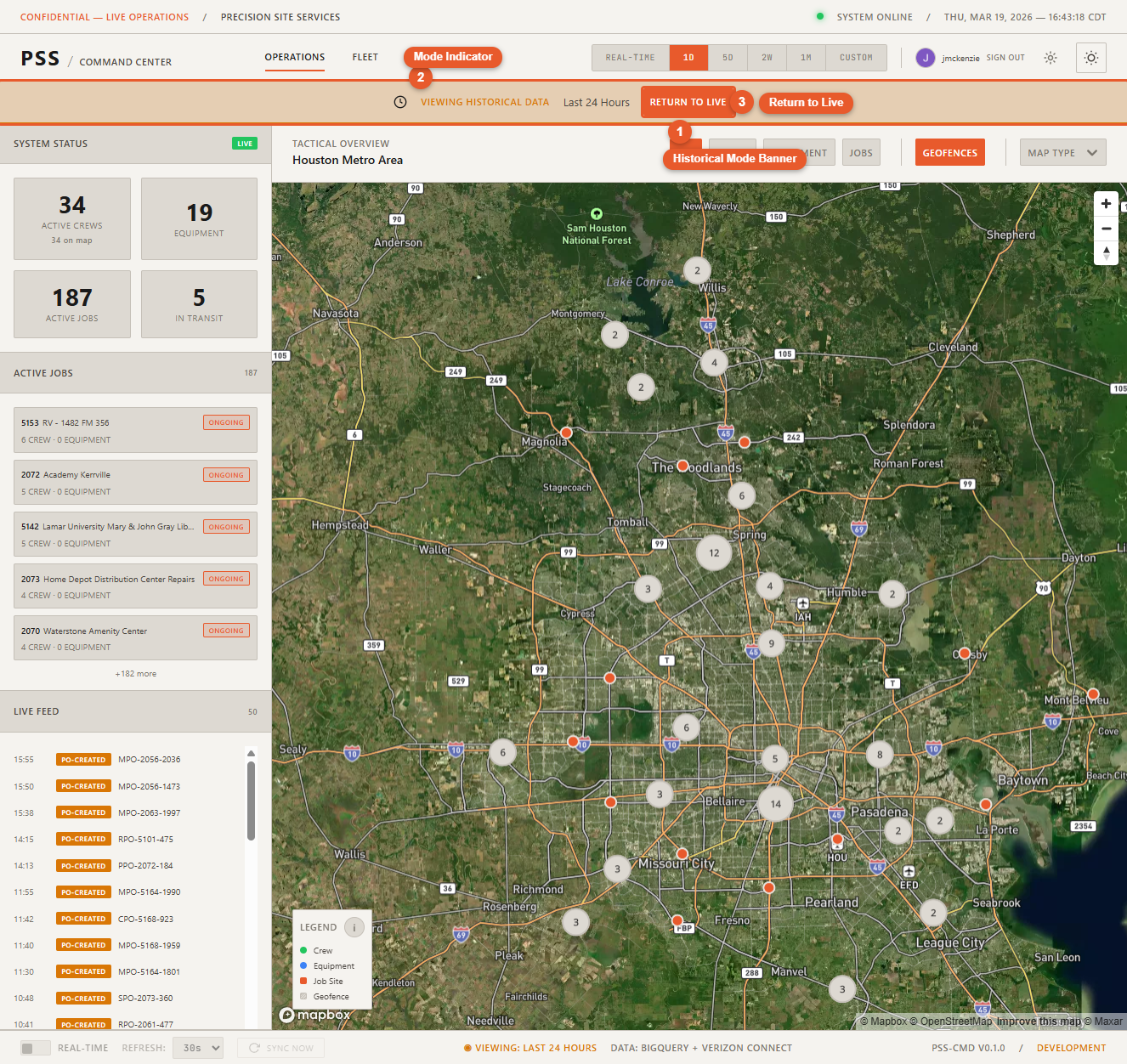 Dashboard header in historical mode showing a banner indicating the selected time range (e.g., "Viewing: Past 5 Days"), with the map markers reflecting historical positions rather than live data