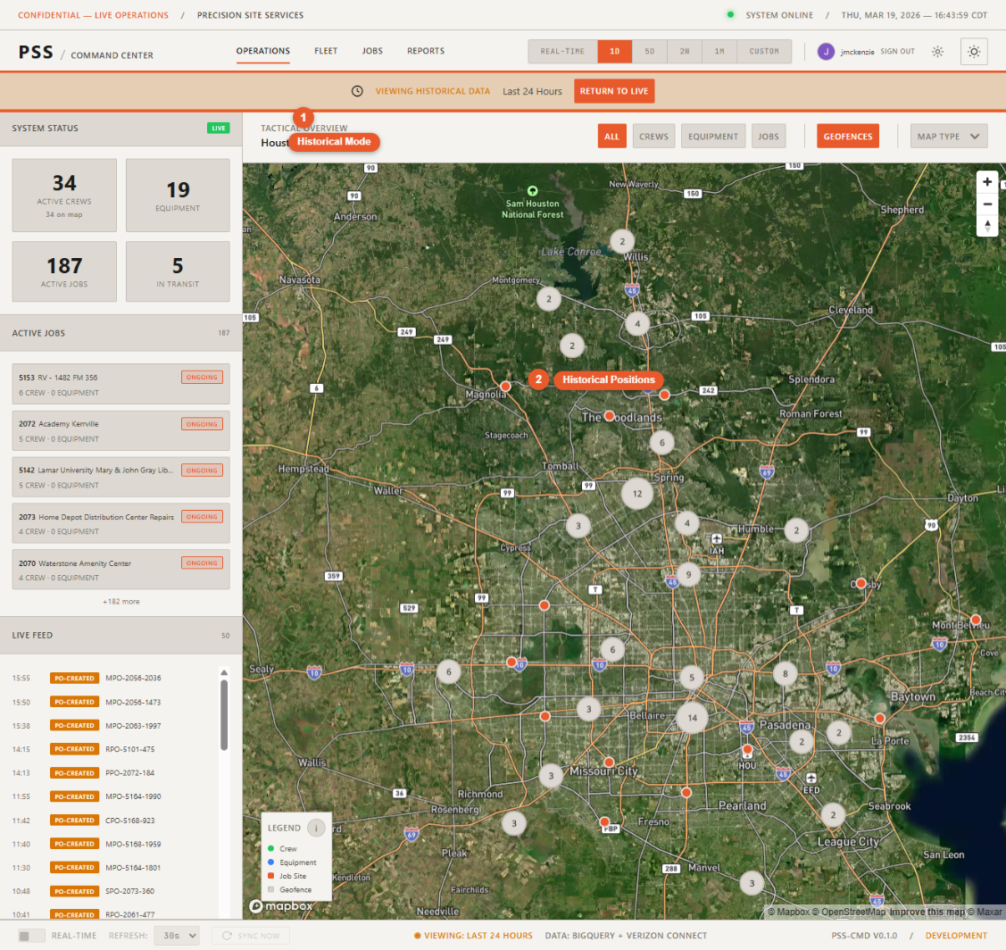 Operations map in historical mode showing worker and equipment pins at their positions from a past time period, with the historical mode banner visible in the header above the map