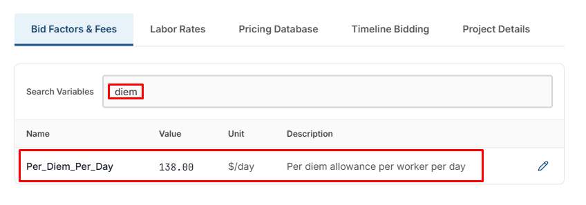 Searching "diem" in Bid Factors &amp; Fees surfaces the editable Per_Diem_Per_Day variable (138.00 $/day)