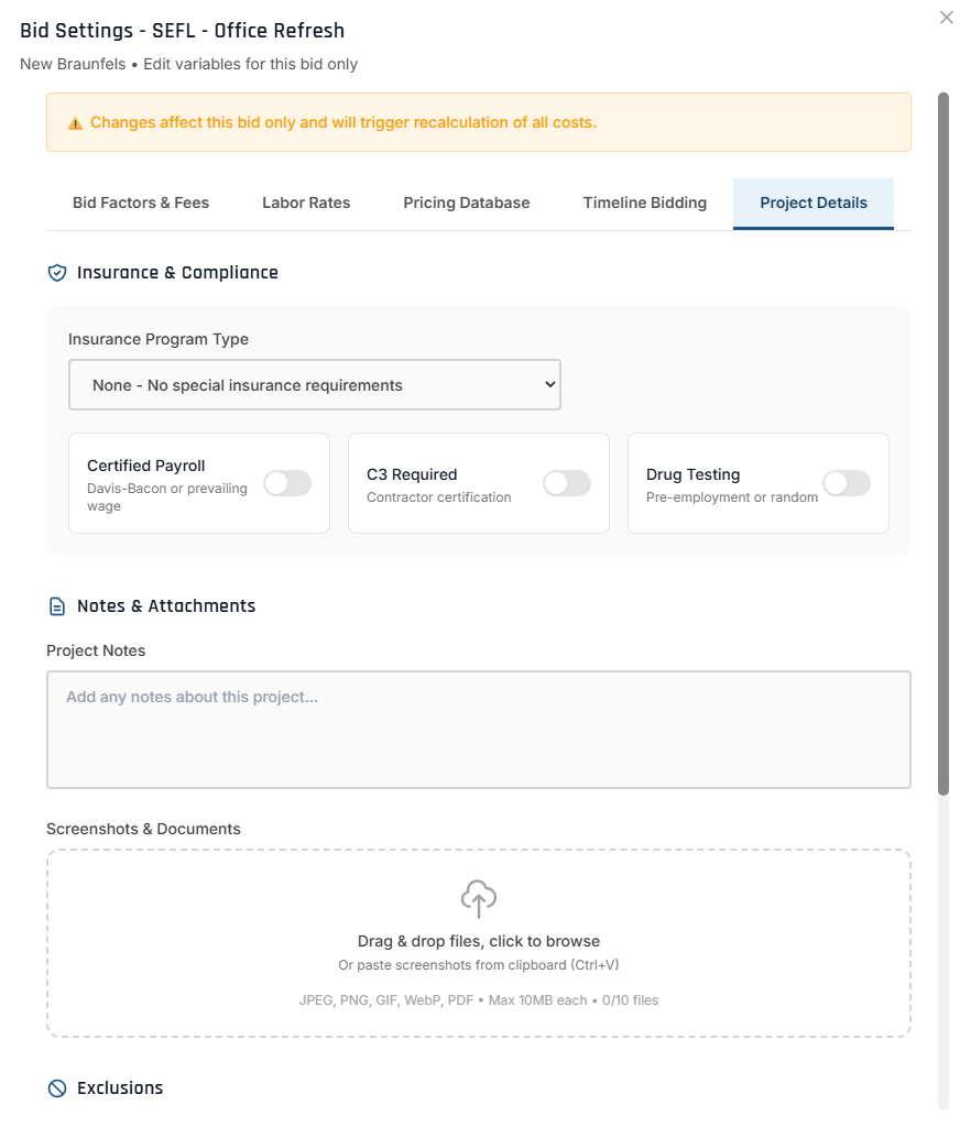 The Project Details tab — Insurance &amp; Compliance toggles, Project Notes, screenshot/document attachments, and Exclusions