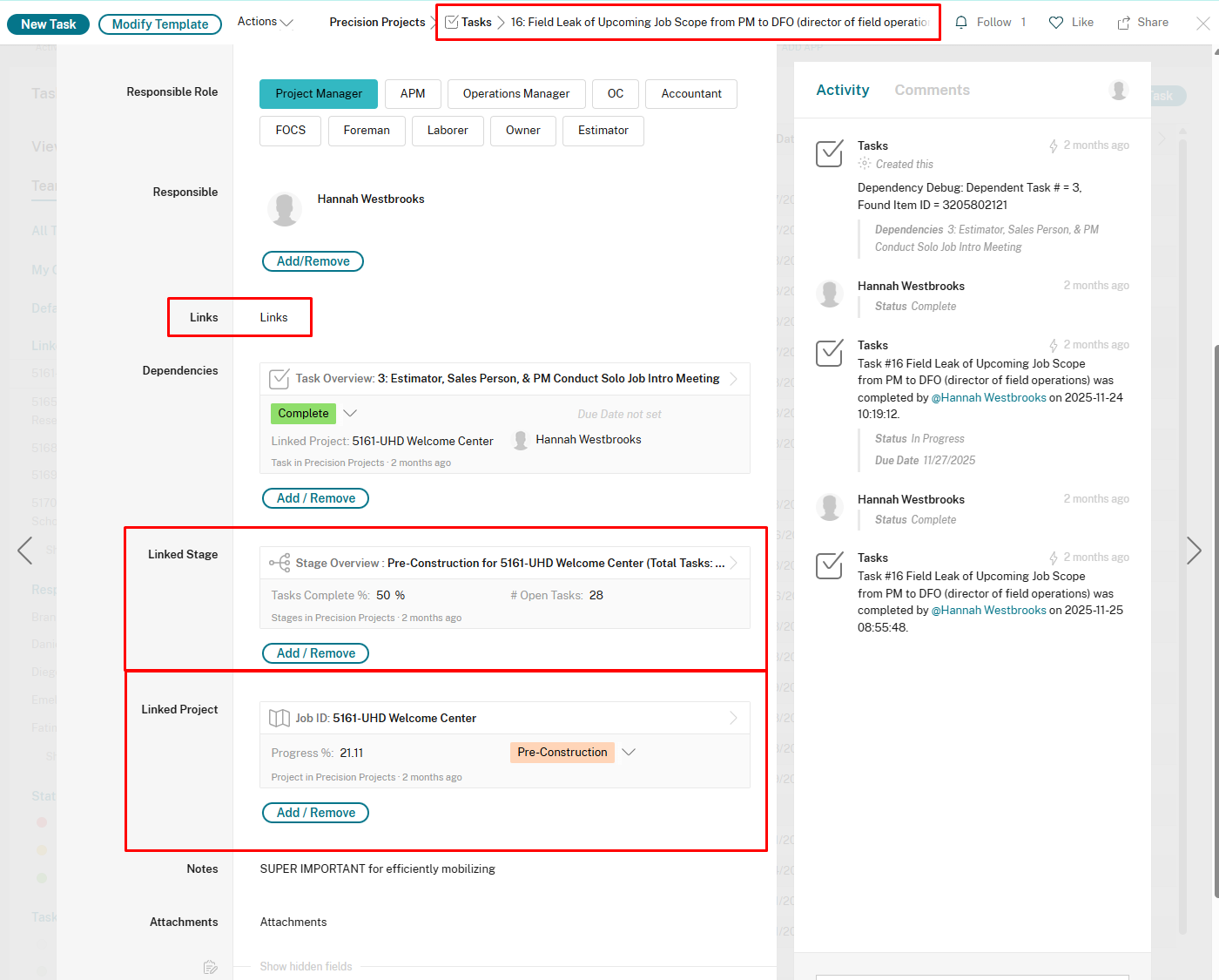 Task detail showing Dependencies field