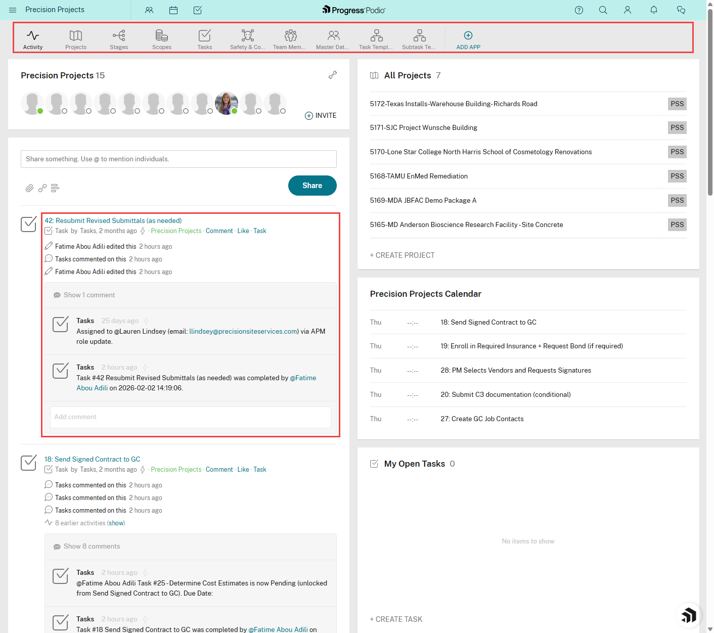 Podio workspace with Projects app highlighted