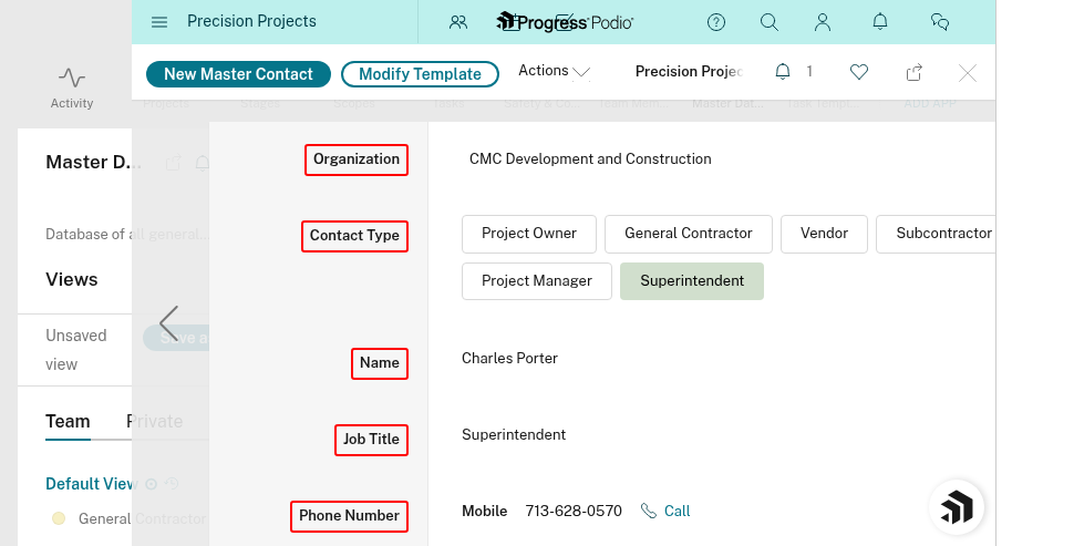 Contact record showing name, company, and linked projects