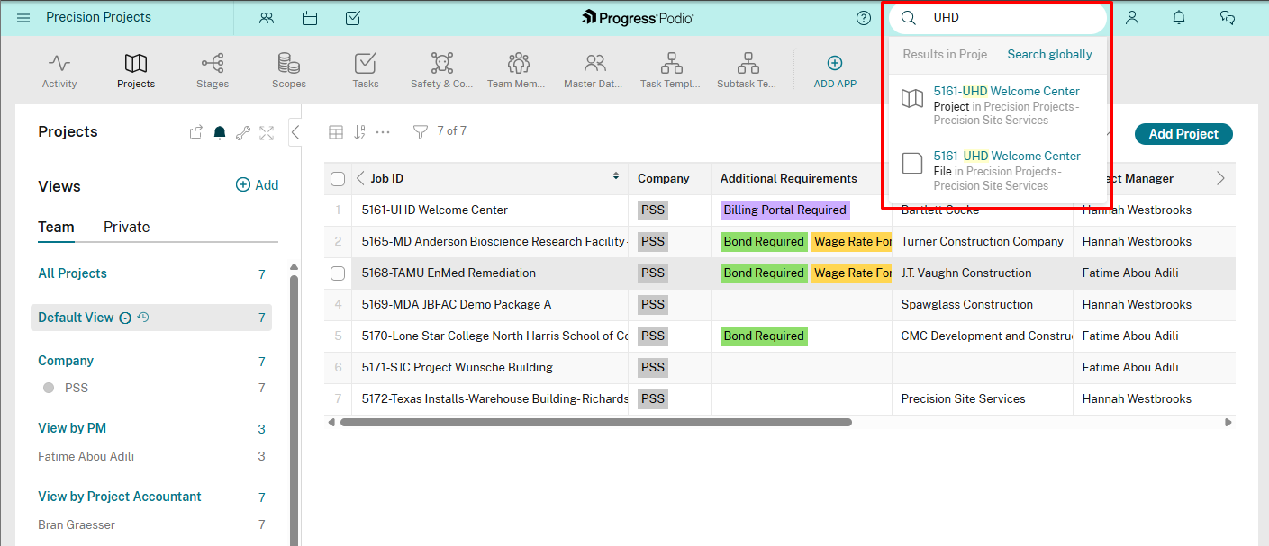 Search bar with results showing projects