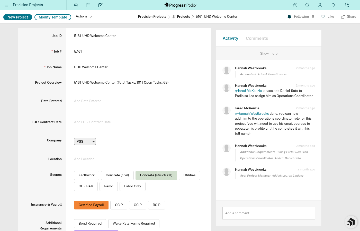 Completed project page with all sections filled in and stages created