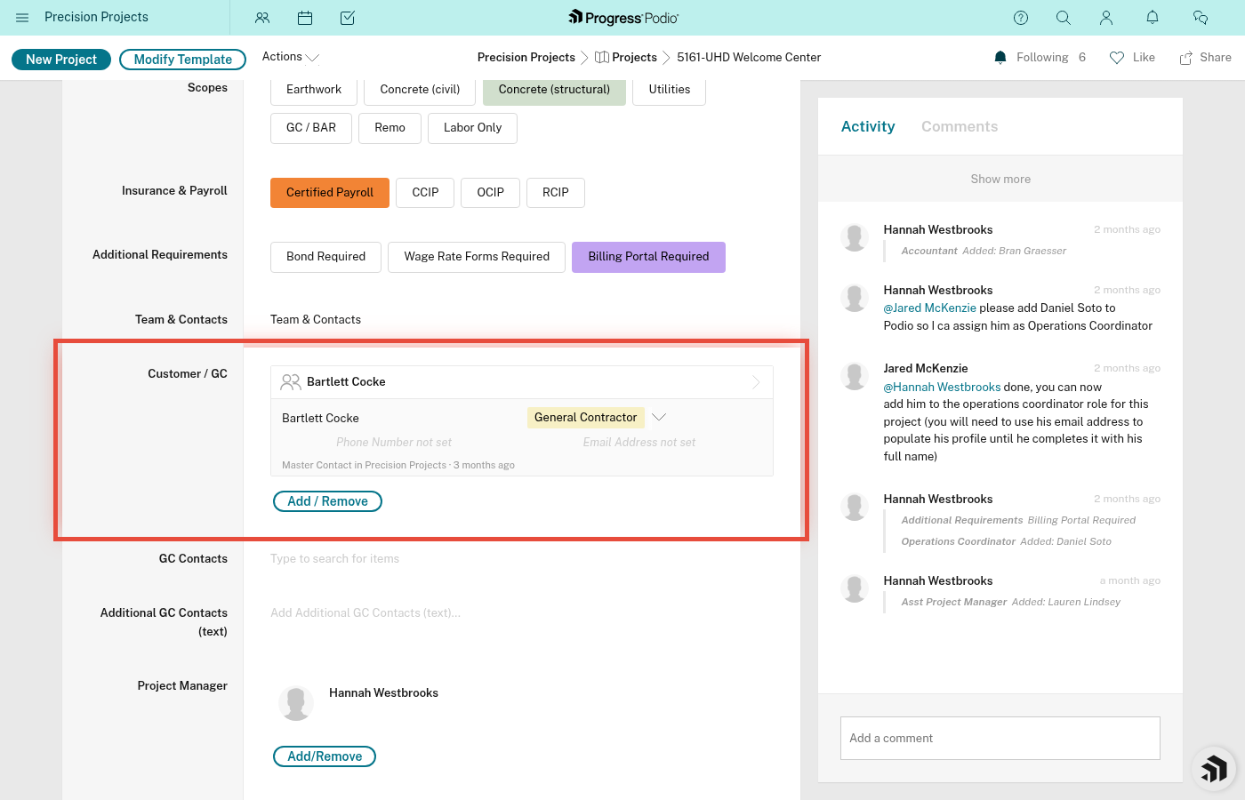 Customer/GC field with contact search popup