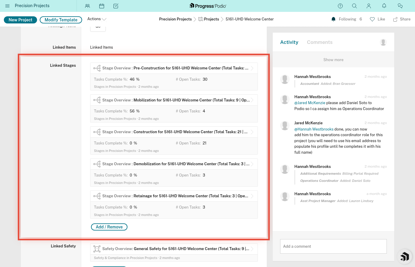Project page showing Linked Stages section