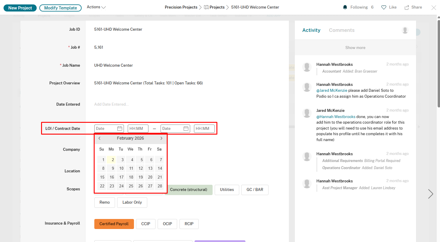 LOI/Contract Date field with date picker showing calendar