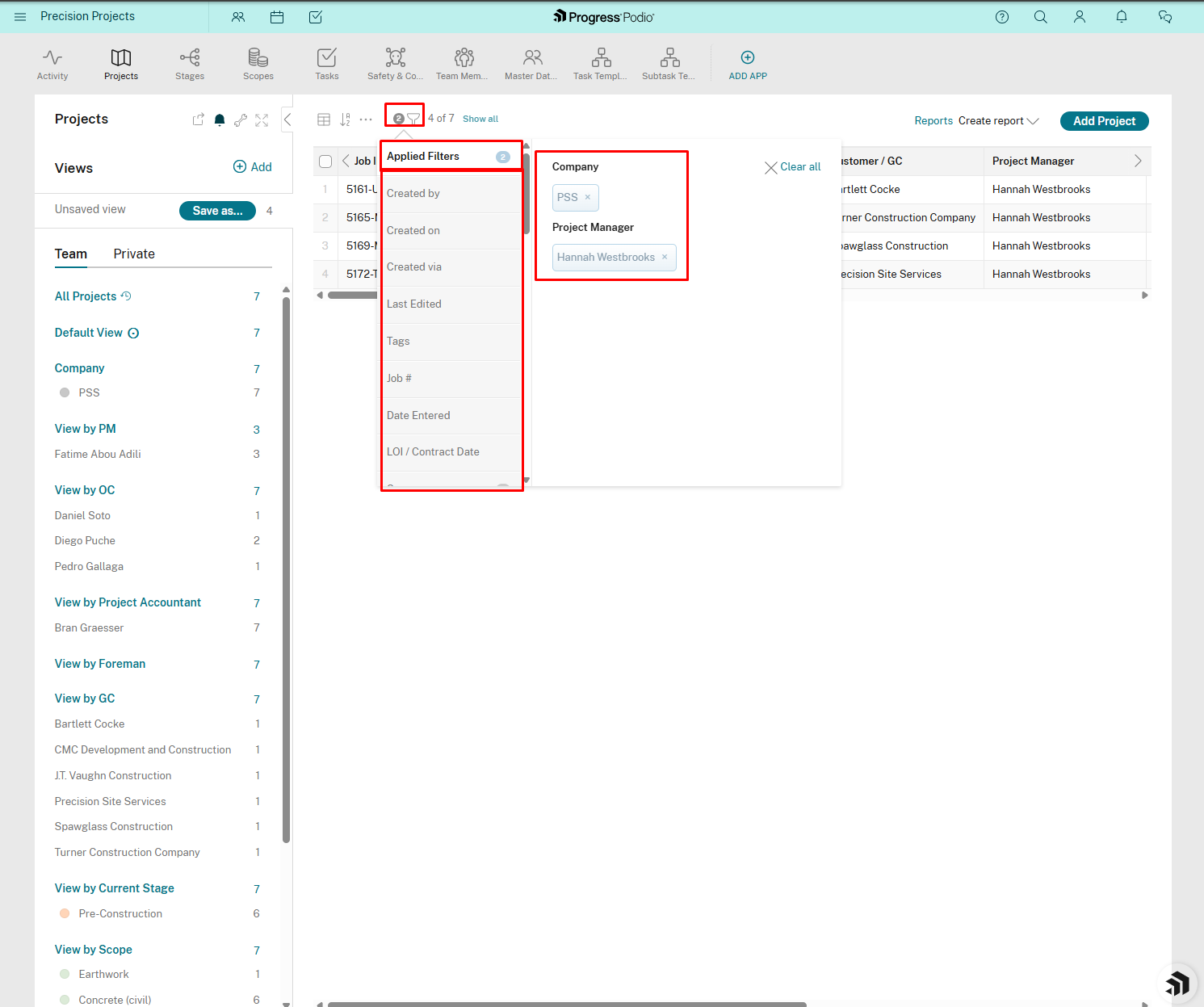 Applied Filters panel showing Company and Project Manager filters