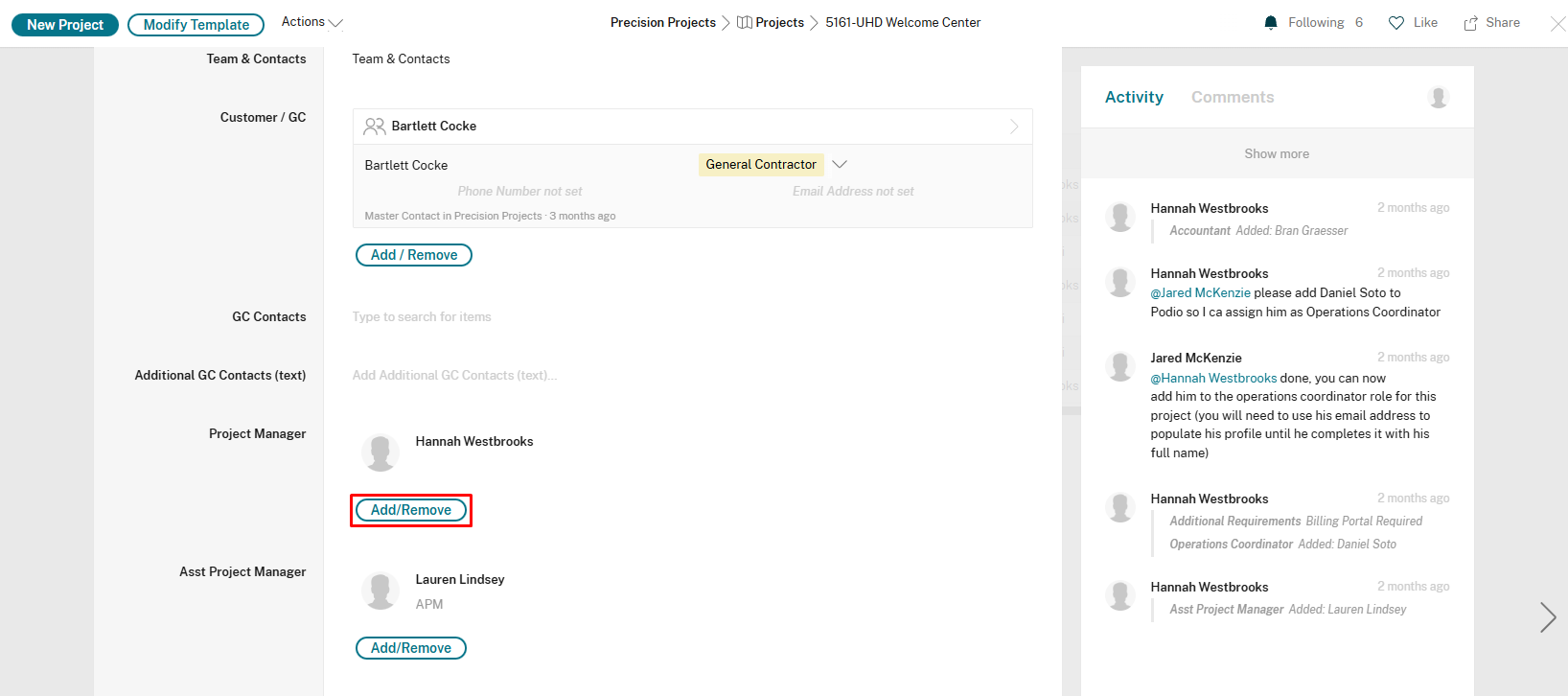 Project Manager field with Add/Remove button highlighted