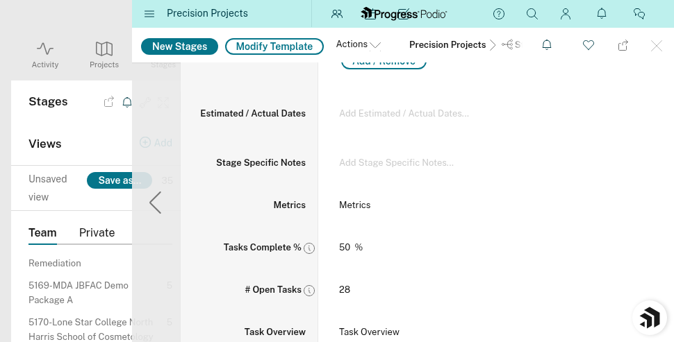 Pre-Construction stage showing completion metrics