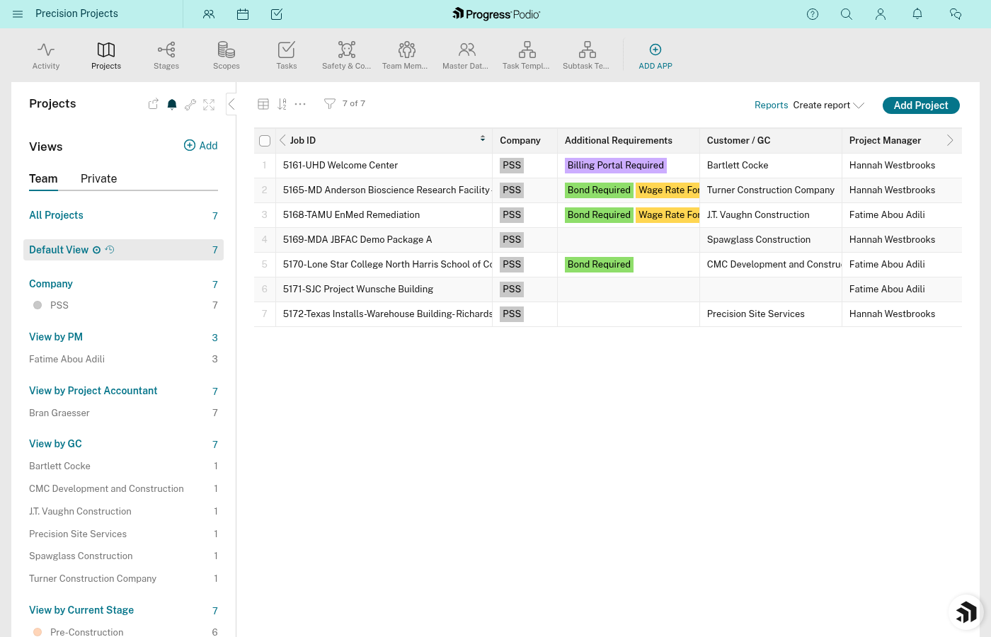 Projects app showing saved views in the sidebar