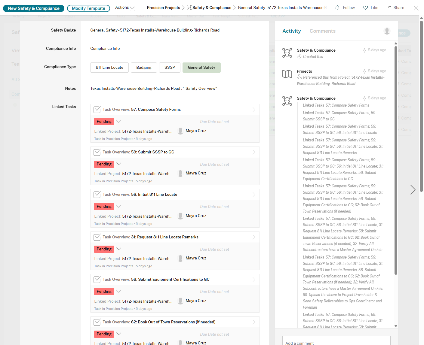 Safety &amp; Compliance detail page showing compliance types and linked tasks